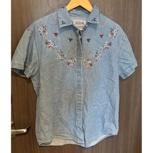 Bill Blass Shirt Women's Medium Blue Chambray Floral Embroidered Button-Up